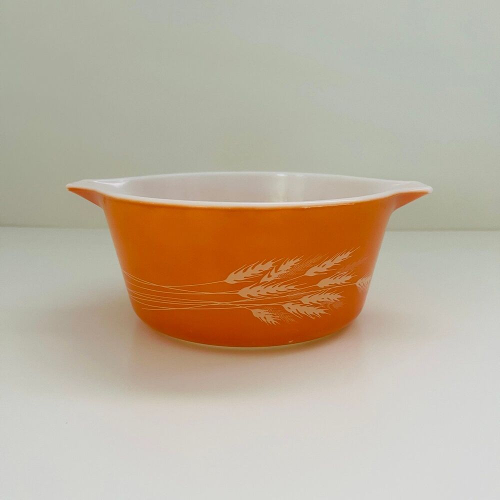 PYREX Rust Orange Autumn Harvest White Wheat Stalks 474-B Casserole Dish 1.5 Qt